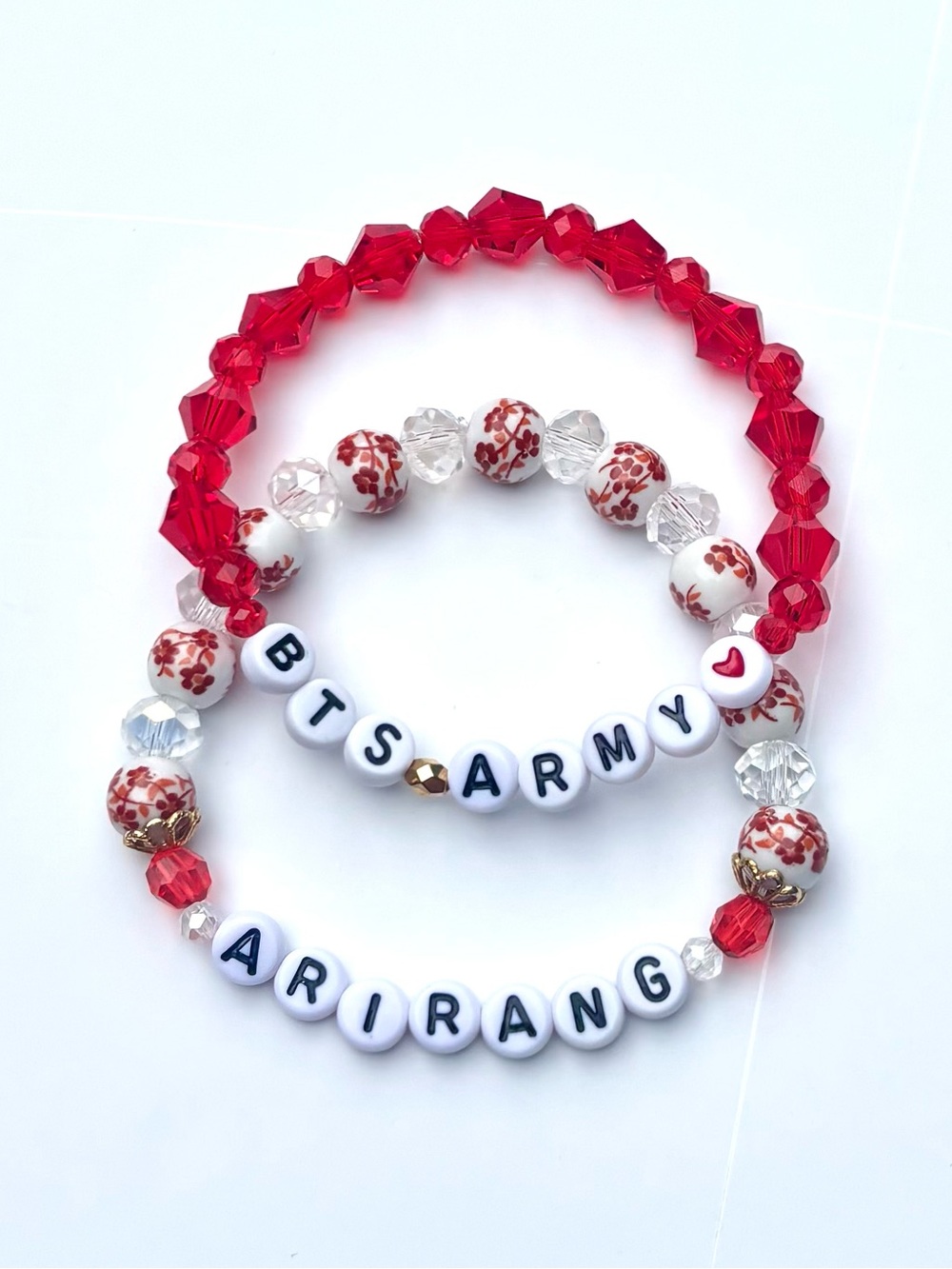 (2pcs) BTS ARIRANG ARMY RED FLORAL BEADED BRACELET BUNDLE